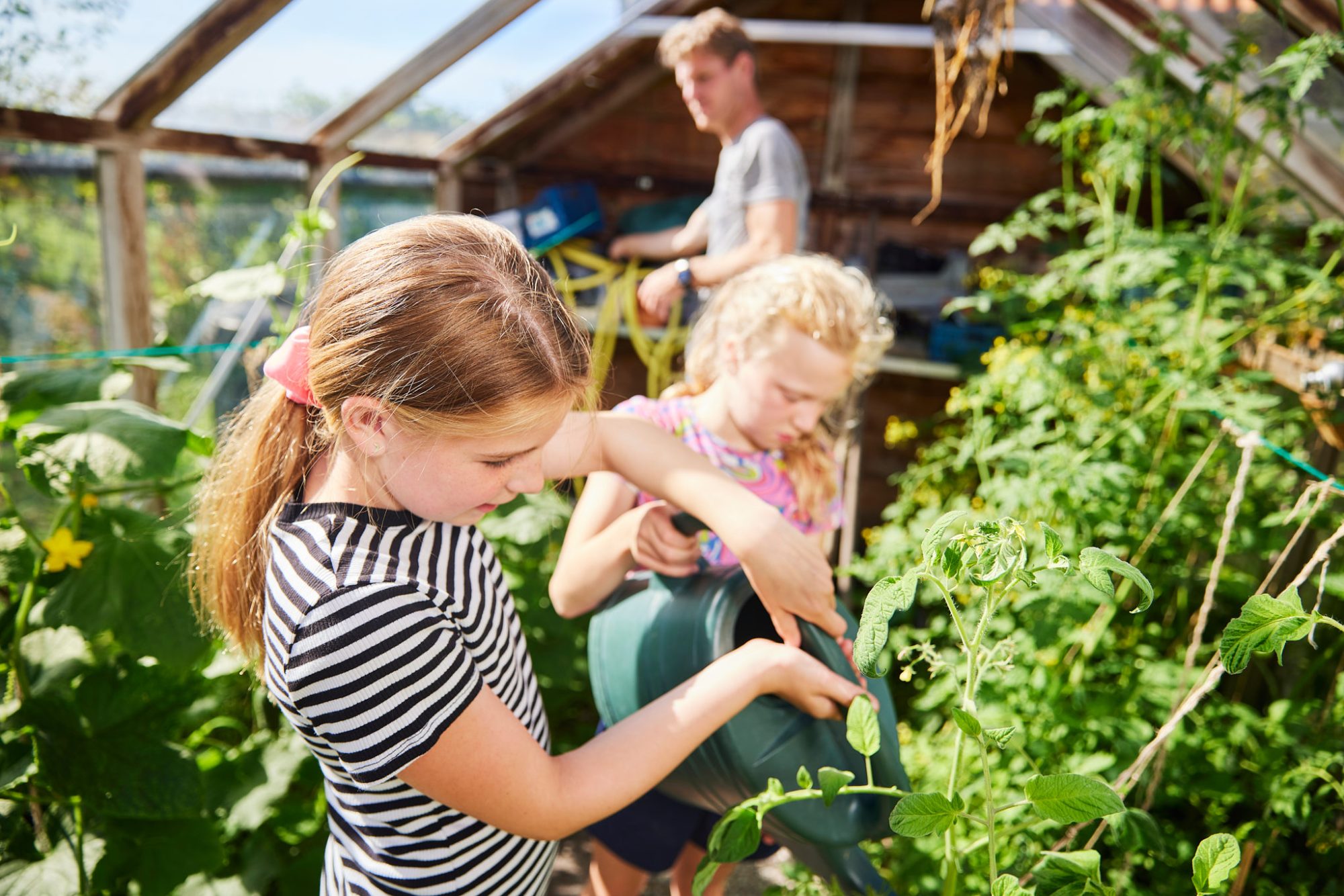 Bloemetjes water geven met kinderen natuur kas