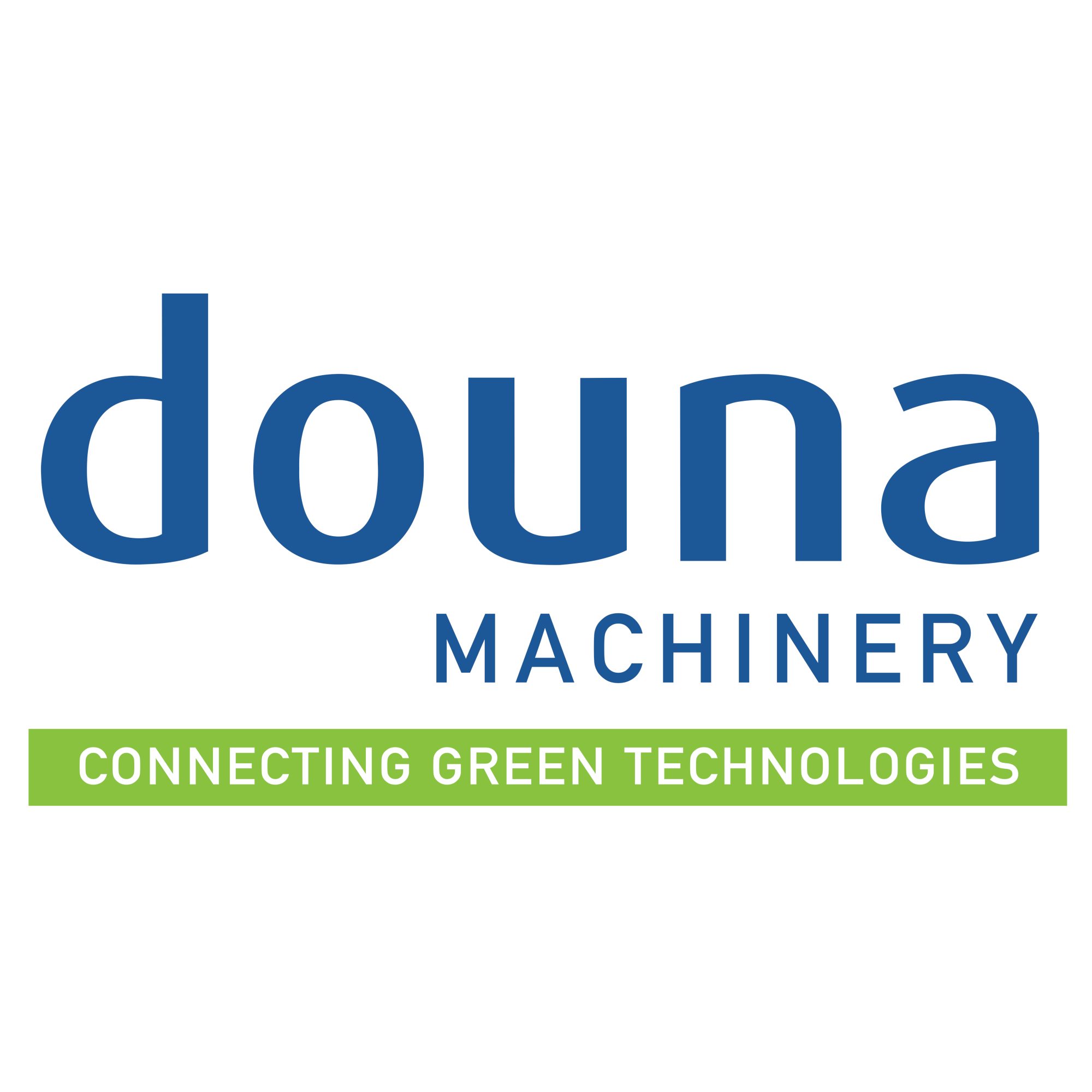 Douna machinery blauwe tekst connecting green techonologies witte tekst op groen kader